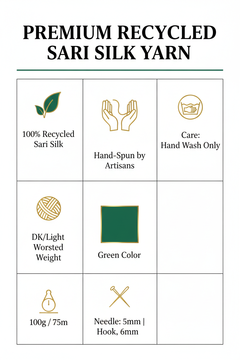 Knitsilk Premium Recycled Sari Silk Yarn – Green Color (100 Grams)