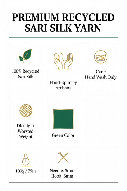 Knitsilk Premium Recycled Sari Silk Yarn – Green Color (100 Grams)