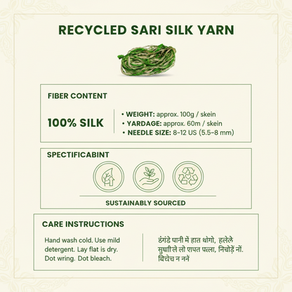 Knitsilk Recycled Shibori Sari Silk Ribbon Yarn-Green| Best for Crochet, Knitting, and Embroidery |50 GMS-30 Yards