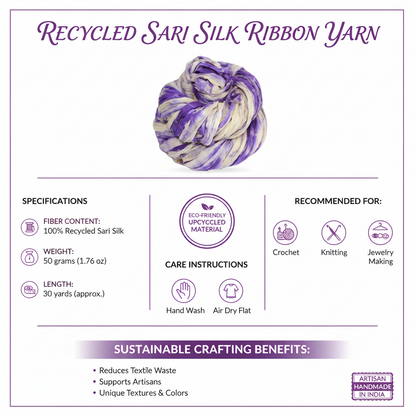 Knitsilk Recycled Shibori Sari Silk Ribbon Yarn-Purple| Best for Crochet, Knitting, and Embroidery |50 GMS-30 Yards