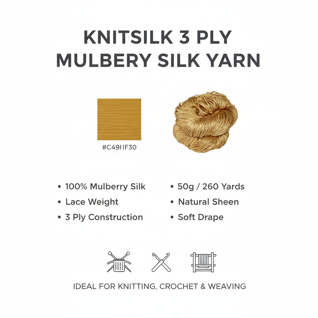 Knitsilk 3 Ply 100% Mulberry Silk Lace Weight Yarn –Golden mustard(50g / 260 Yards)