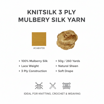 Knitsilk 3 Ply 100% Mulberry Silk Lace Weight Yarn –Golden mustard(50g / 260 Yards)