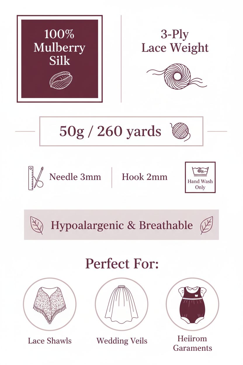 Knitsilk 3 Ply 100% Mulberry Silk Lace Weight Yarn –Plum(50g / 260 Yards)