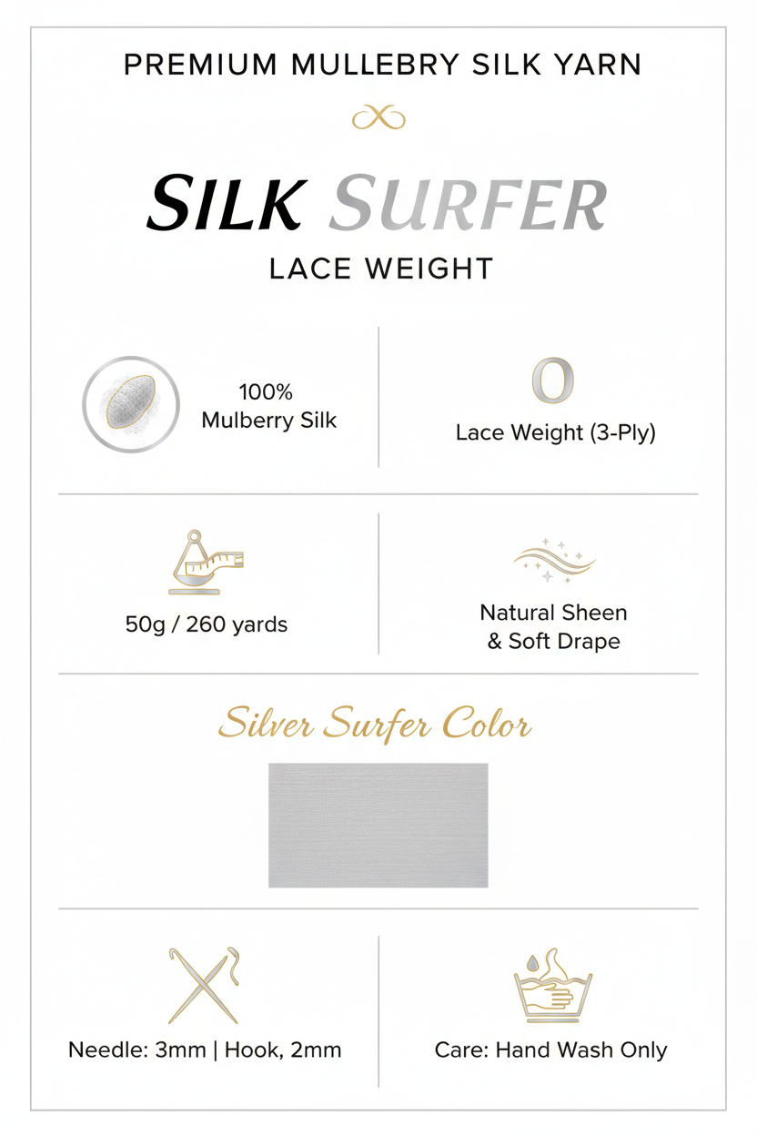 Knitsilk 3 Ply 100% Mulberry Silk Lace Weight Yarn – Silver surfer (50g / 260 Yards)