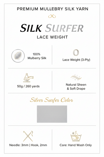 Knitsilk 3 Ply 100% Mulberry Silk Lace Weight Yarn – Silver surfer (50g / 260 Yards)