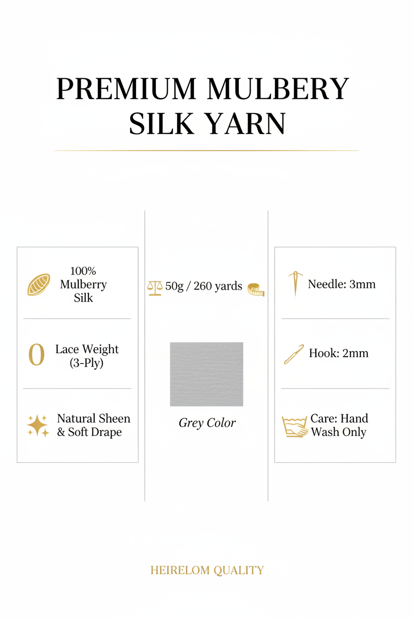 Knitsilk 3 Ply 100% Mulberry Silk Lace Weight Yarn – Grey (50g / 260 Yards)