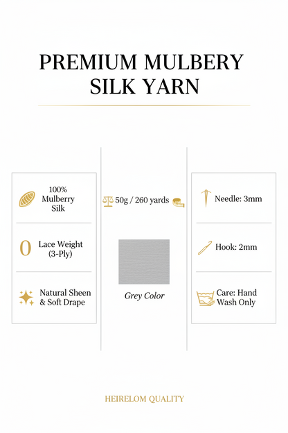 Knitsilk 3 Ply 100% Mulberry Silk Lace Weight Yarn – Grey (50g / 260 Yards)