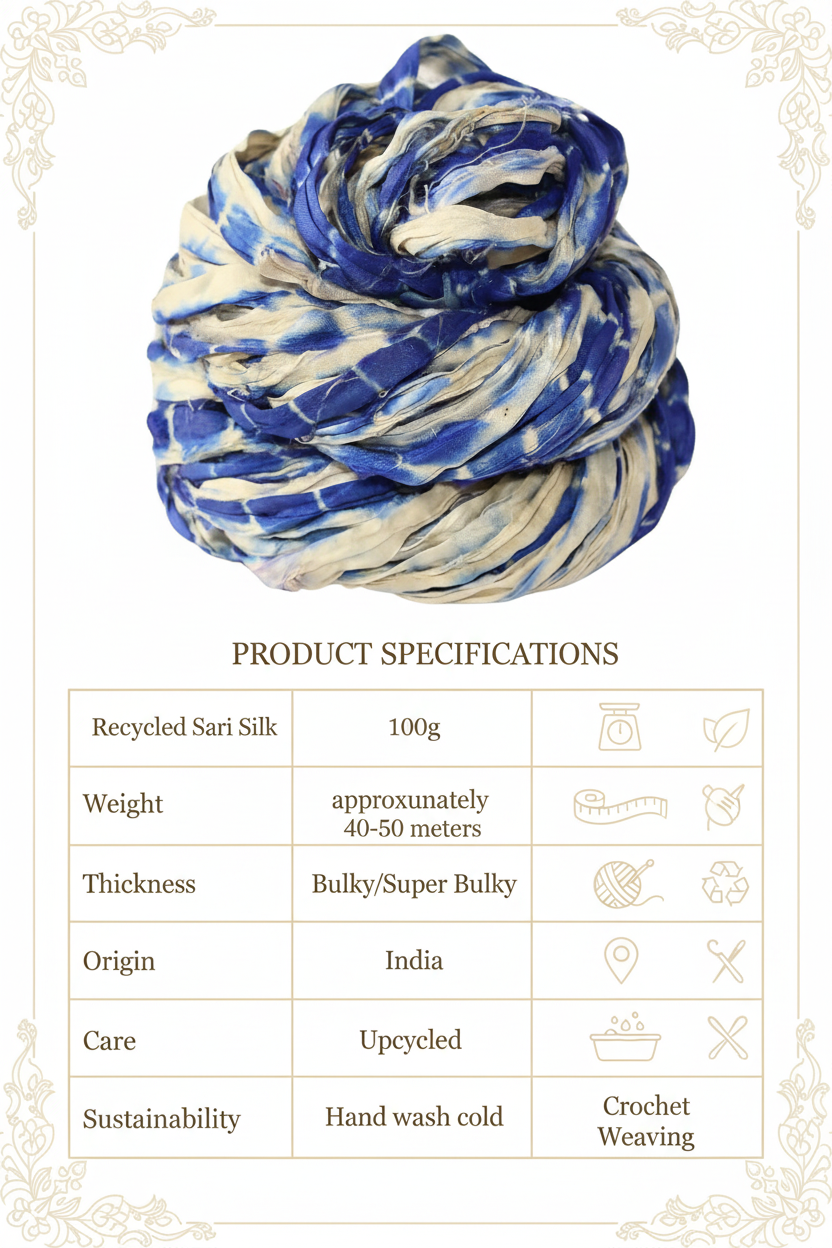 Knitsilk Recycled Shibori Sari Silk Ribbon Yarn-Royal blue| Best for Crochet, Knitting, and Embroidery |50 GMS-30 Yards