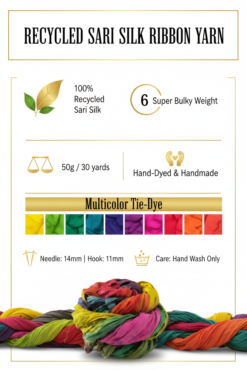 Knitsilk Recycled Sari Silk Ribbon, 30 Yards, 50 Grams - for Knitting, Weaving & Crochet (Multicolor Tie-Dye)