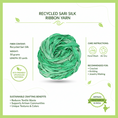 Knitsilk Recycled Sari Silk Ribbon |Best for Crochet, Knitting and Jewelry Making |50 GMS-30Yards-Green Ombre