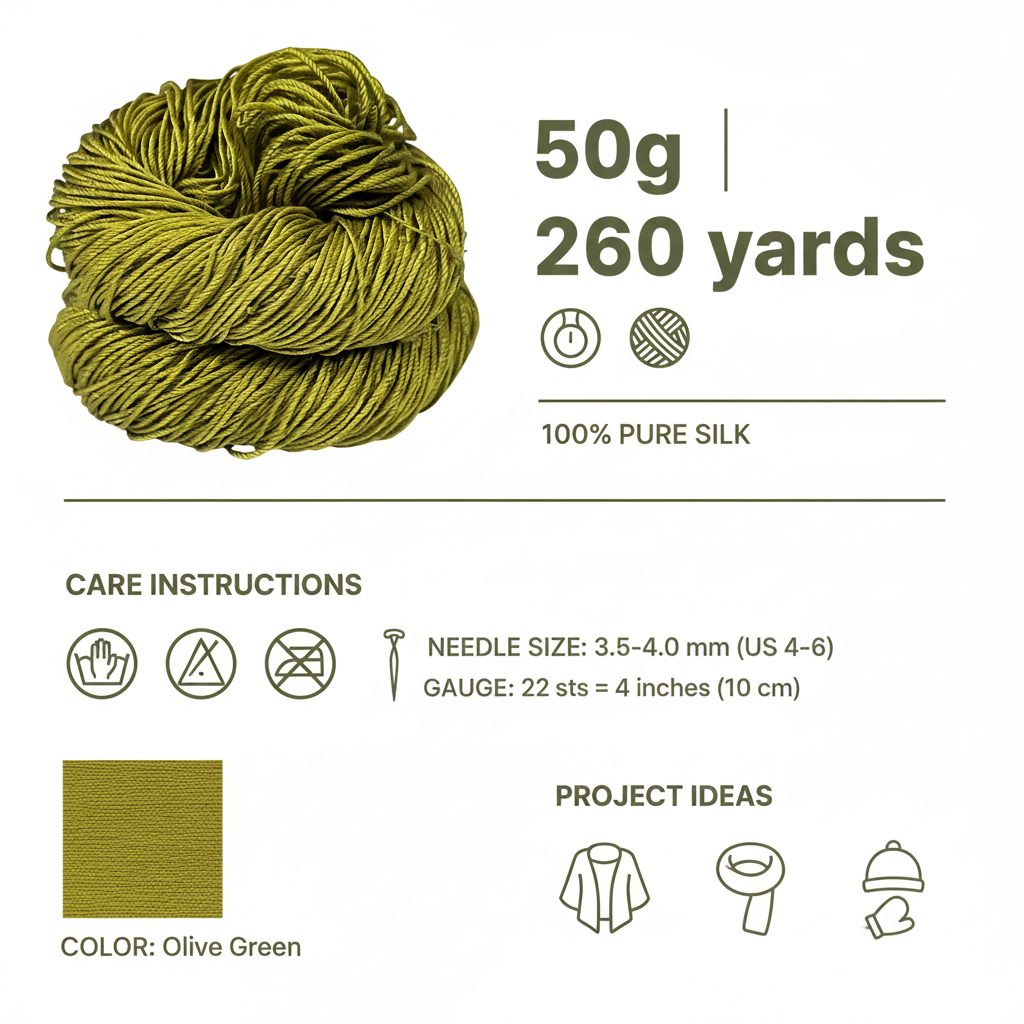 Knitsilk 3 Ply 100% Mulberry Silk Lace Weight Yarn –Olive green(50g / 260 Yards)