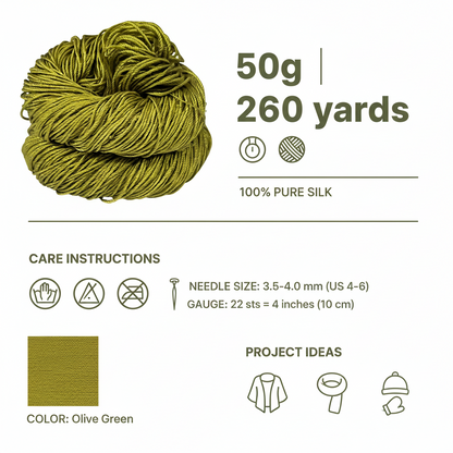 Knitsilk 3 Ply 100% Mulberry Silk Lace Weight Yarn –Olive green(50g / 260 Yards)