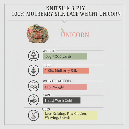 Knitsilk 3 Ply 100% Mulberry Silk Lace Weight Yarn –Unicorn(50g / 260 Yards)