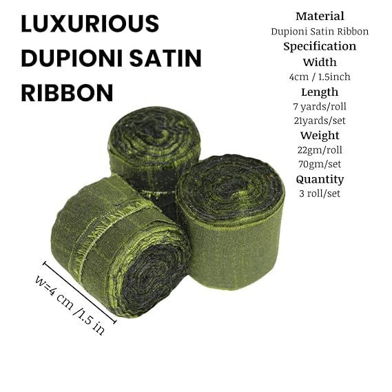 Knitsilk Luxurious Dupioni Satin Ribbon (1.5 "x 7yds x 3count),Dark green  Ribbon Set for Gift Wrapping, Decorating Bouquet Wrap and Crafts