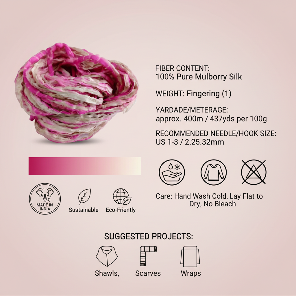 Knitsilk Recycled Shibori Sari Silk Ribbon Yarn-Light pink| Best for Crochet, Knitting, and Embroidery |50 GMS-30 Yards