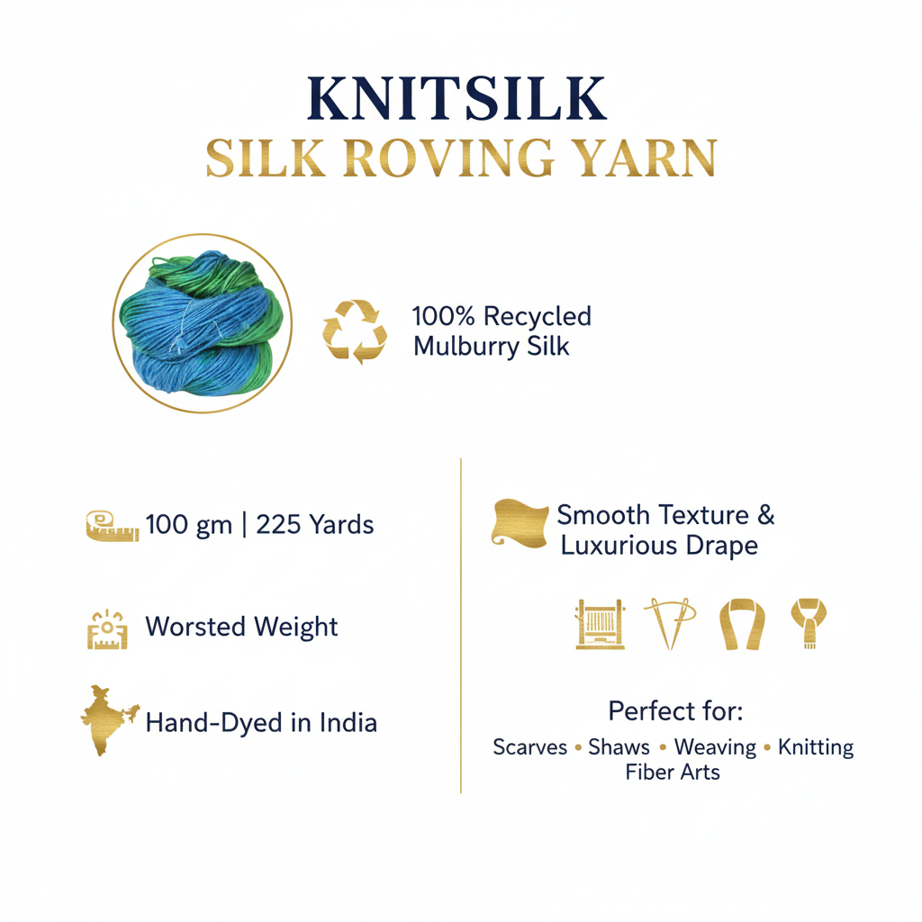 Knitsilk Silk Roving Worsted Yarn 100% Recycled & Hand-Dyed |100 gm,225 Yards | Reykjavik