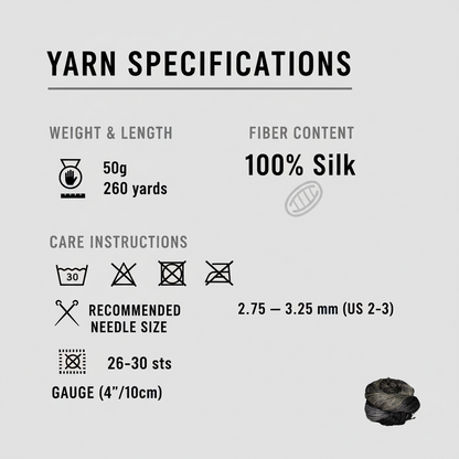 Knitsilk 3 Ply 100% Mulberry Silk Lace Weight Yarn –Black and Grey(50g / 260 Yards)