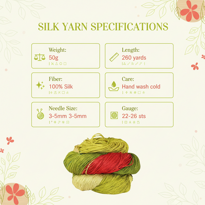 Knitsilk 3 Ply 100% Mulberry Silk Lace Weight Yarn –Dark olive and Red (50g / 260 Yards)