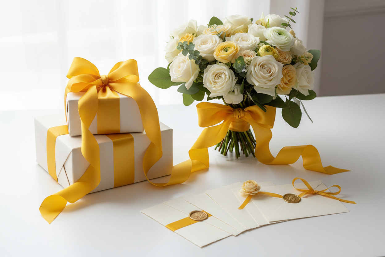 Knitsilk Luxurious Dupioni Satin Ribbon (1.5 "x 7yds x 3count), Yellow Ribbon Set for Gift Wrapping, Decorating Bouquet Wrap and Crafts