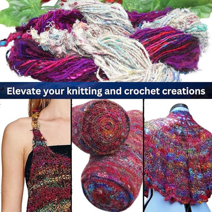 Knitsilk Handspun Recycled Sari Silk Yarn – White & Multicolor Combo | 2 x 100g Skeins | Eco-Friendly Bulky Yarn for Knitting, Crocheting & Weaving