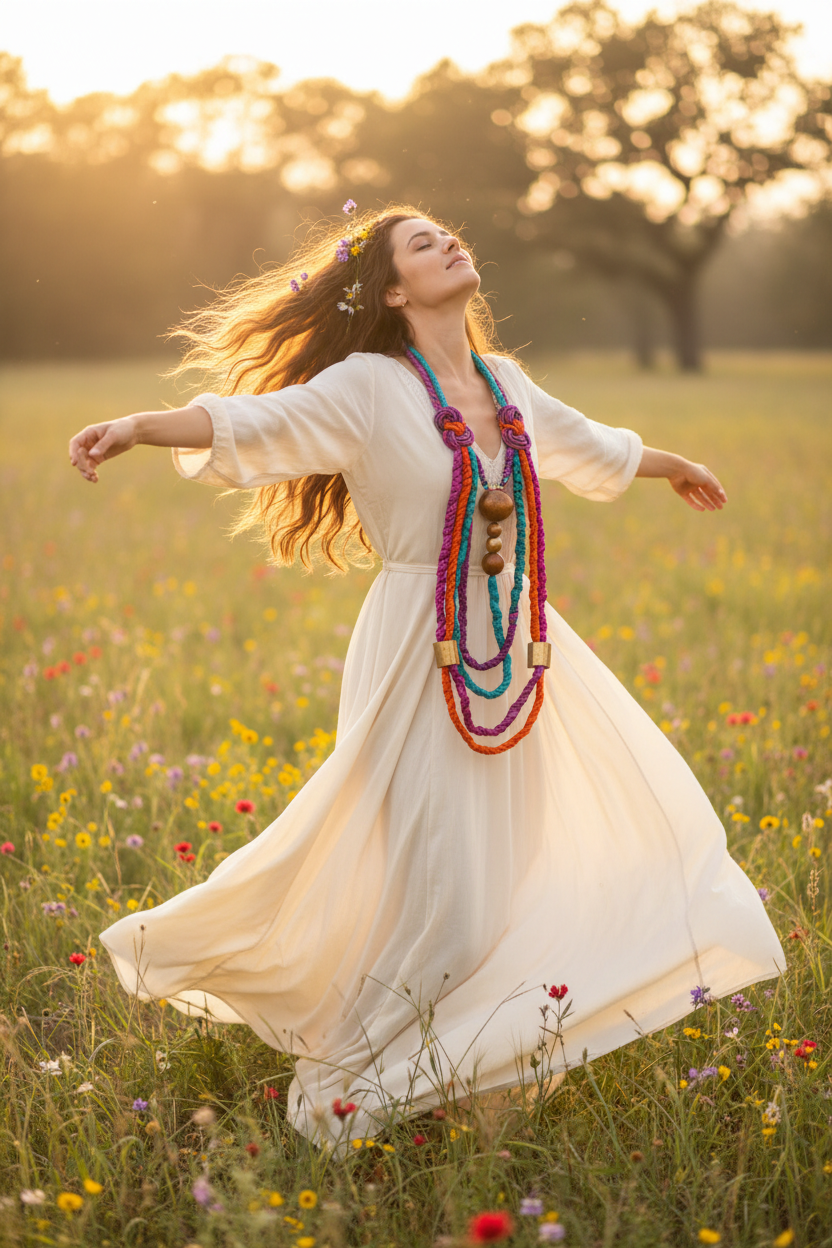 Woman Dancing in Nature with Braided Silk Cord Necklace
