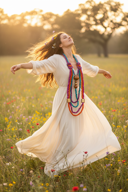 Woman Dancing in Nature with Braided Silk Cord Necklace