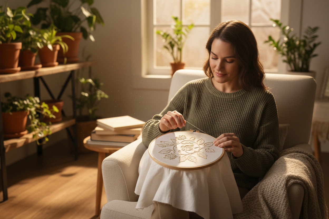 Woman doing hand embroidery with mulberry silk thread in living room