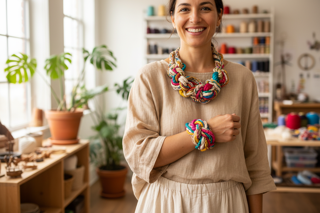 Woman wearing handmade jewelry made from braided sari silk cord