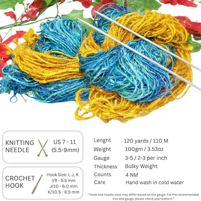 Knitsilk Handspun Recycled Sari Silk Yarn – Yellow & Turquoise Combo | 2 x 100g Skeins | Eco-Friendly Bulky Yarn for Knitting, Crocheting & Weaving