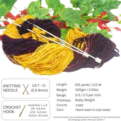 Knitsilk Handspun Recycled Sari Silk Yarn – Brown & Yellow Combo | 2 x 100g Skeins | Eco-Friendly Bulky Yarn for Knitting, Crocheting & Weaving