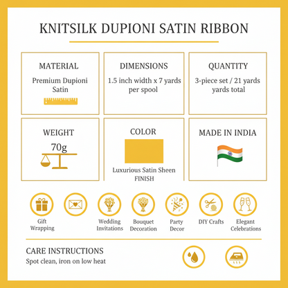 Knitsilk Luxurious Dupioni Satin Ribbon (1.5 "x 7yds x 3count), Yellow Ribbon Set for Gift Wrapping, Decorating Bouquet Wrap and Crafts