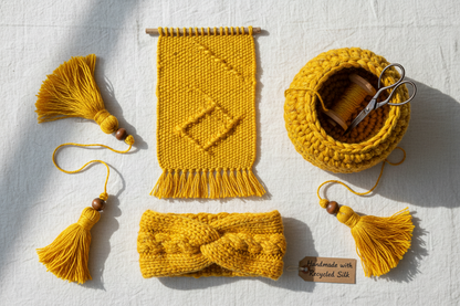 Knitsilk Recycled Sari Silk Yarn – Yellow Colour | 85 Yards | 100g | Eco-Friendly Handspun Fiber for Knitting, Crochet & Weavi