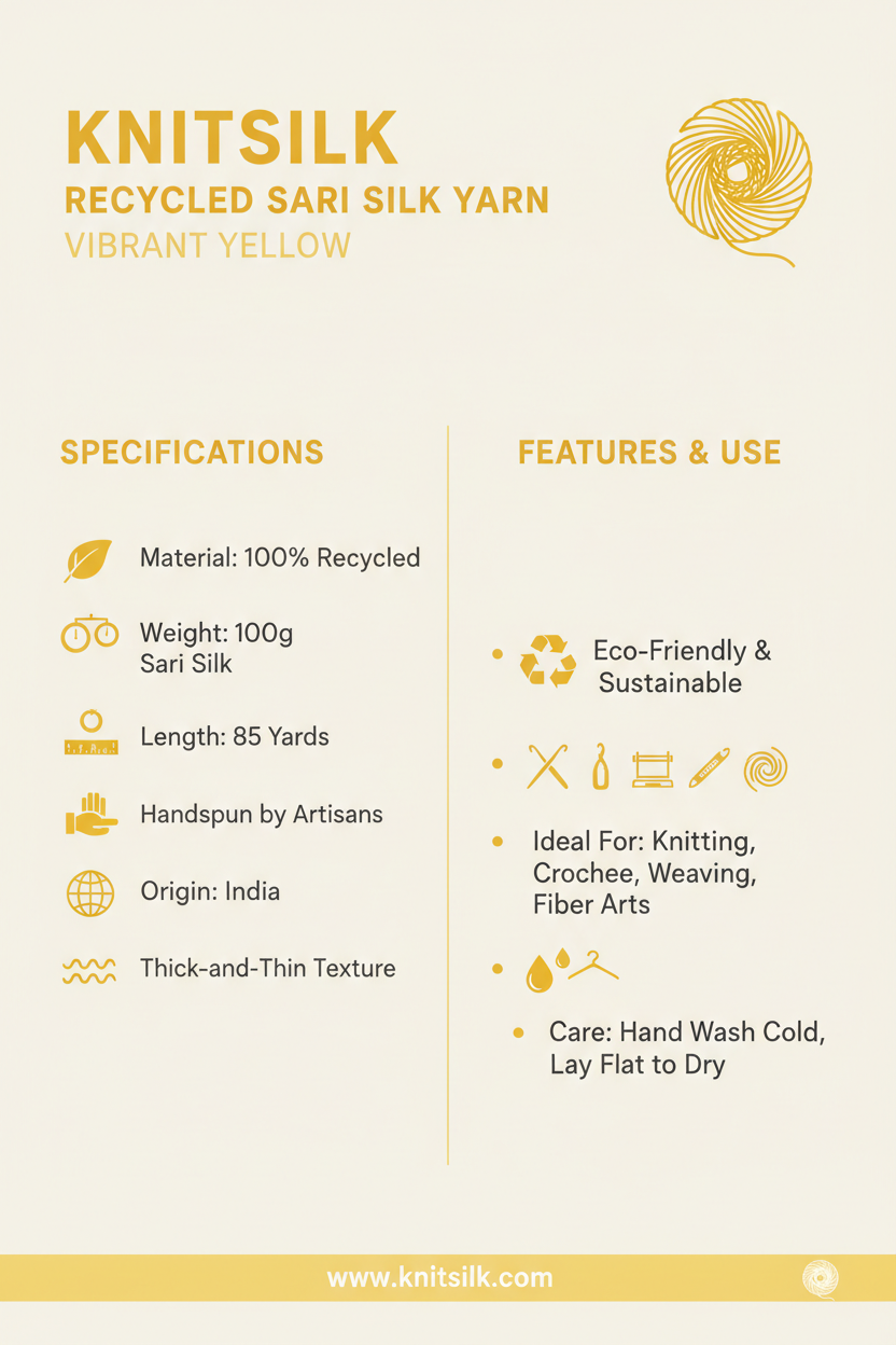 Knitsilk Recycled Sari Silk Yarn – Yellow Colour | 85 Yards | 100g | Eco-Friendly Handspun Fiber for Knitting, Crochet & Weavi