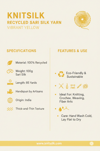 Knitsilk Recycled Sari Silk Yarn – Yellow Colour | 85 Yards | 100g | Eco-Friendly Handspun Fiber for Knitting, Crochet & Weavi